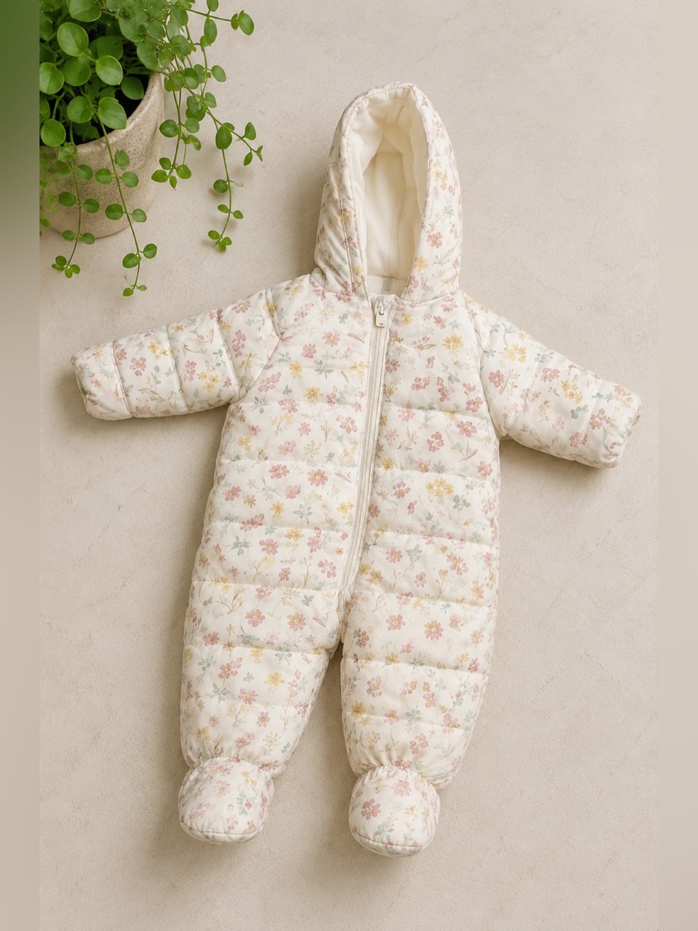 Purebaby Floral Quilted Snowsuit 12-18M Hooded Footed Winter Bunting Cottagecore